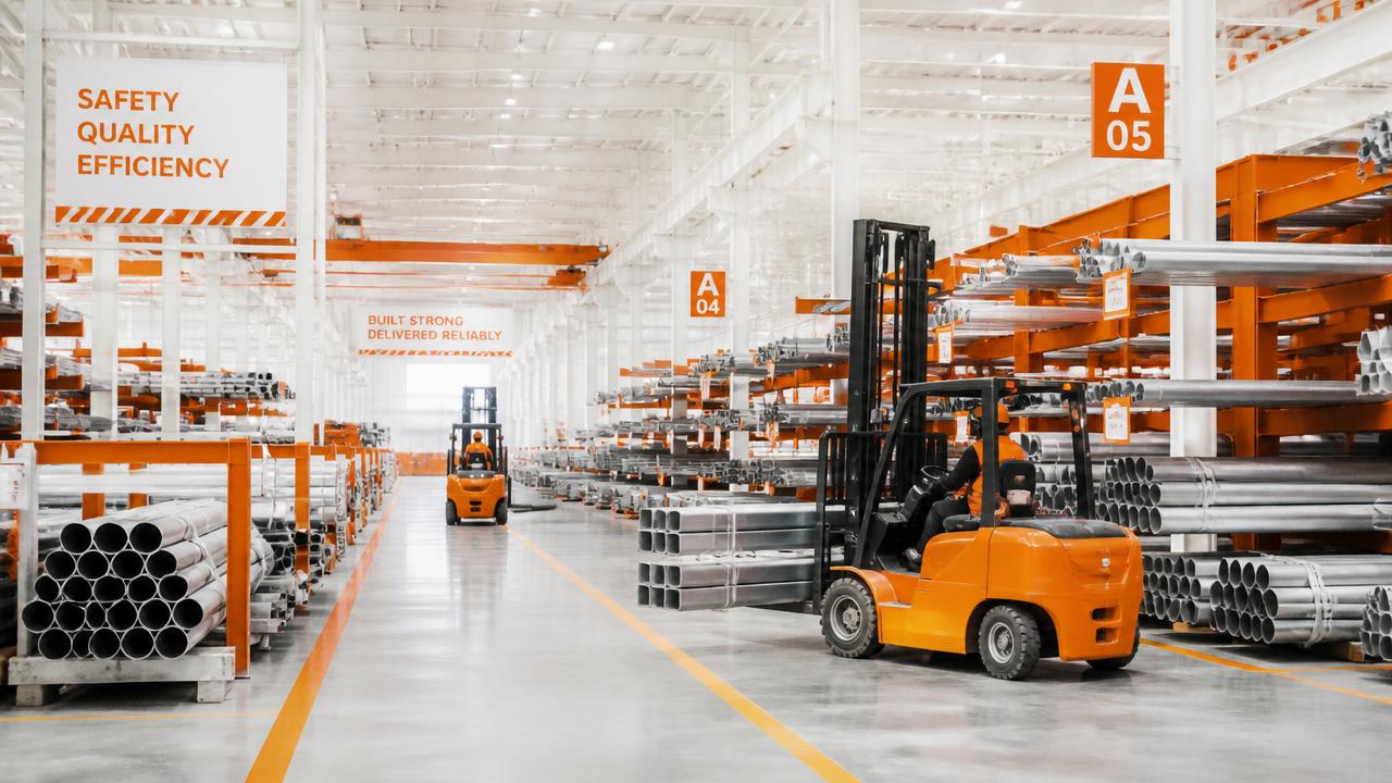 Industrial metal distribution warehouse with organized steel inventory