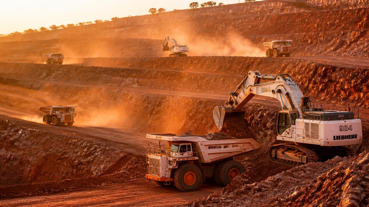 Open cast iron ore mining operation with heavy machinery