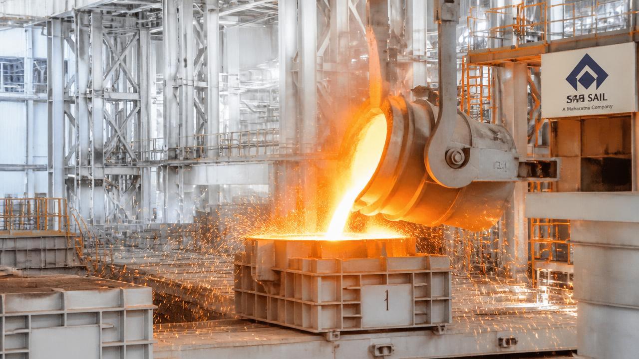 Modern steel manufacturing plant with molten metal pouring